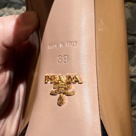 Prada Beige Black Patent Open Toe Pumps - Picture 9 of 10